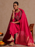 Janasya Women's Pink Silk Blend Zari Yoke Embroidered Straight Kurta Set