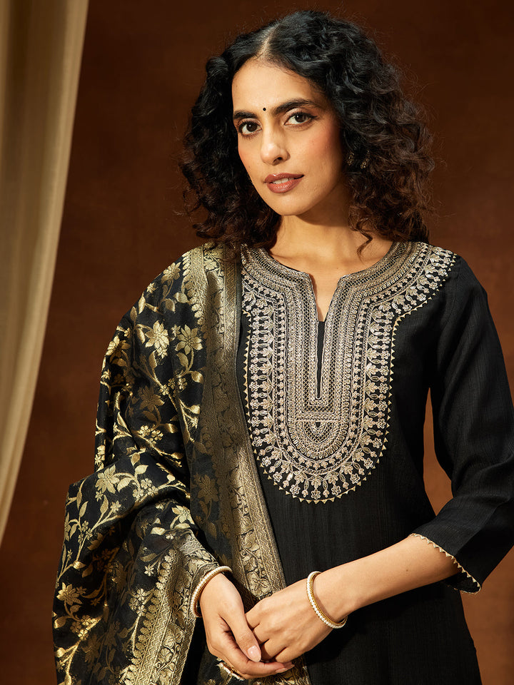 Janasya Women's Black Silk Blend Yoke Embroidered Straight Kurta Set - qivii