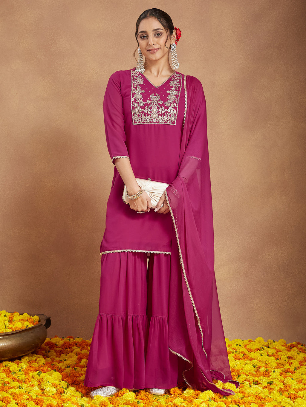 Janasya Women's Pink Georgette Embroidered Straight Kurta With Sharara & Dupatta Set