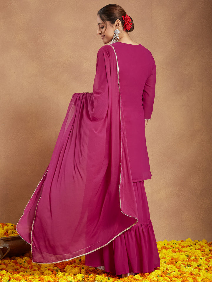 Janasya Women's Pink Georgette Embroidered Straight Kurta With Sharara & Dupatta Set - qivii