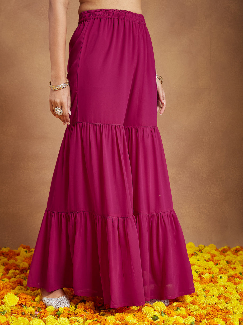 Janasya Women's Pink Georgette Embroidered Straight Kurta With Sharara & Dupatta Set