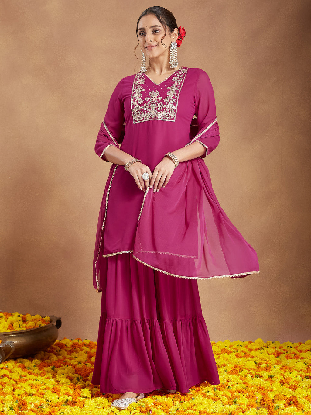 Janasya Women's Pink Georgette Embroidered Straight Kurta With Sharara & Dupatta Set