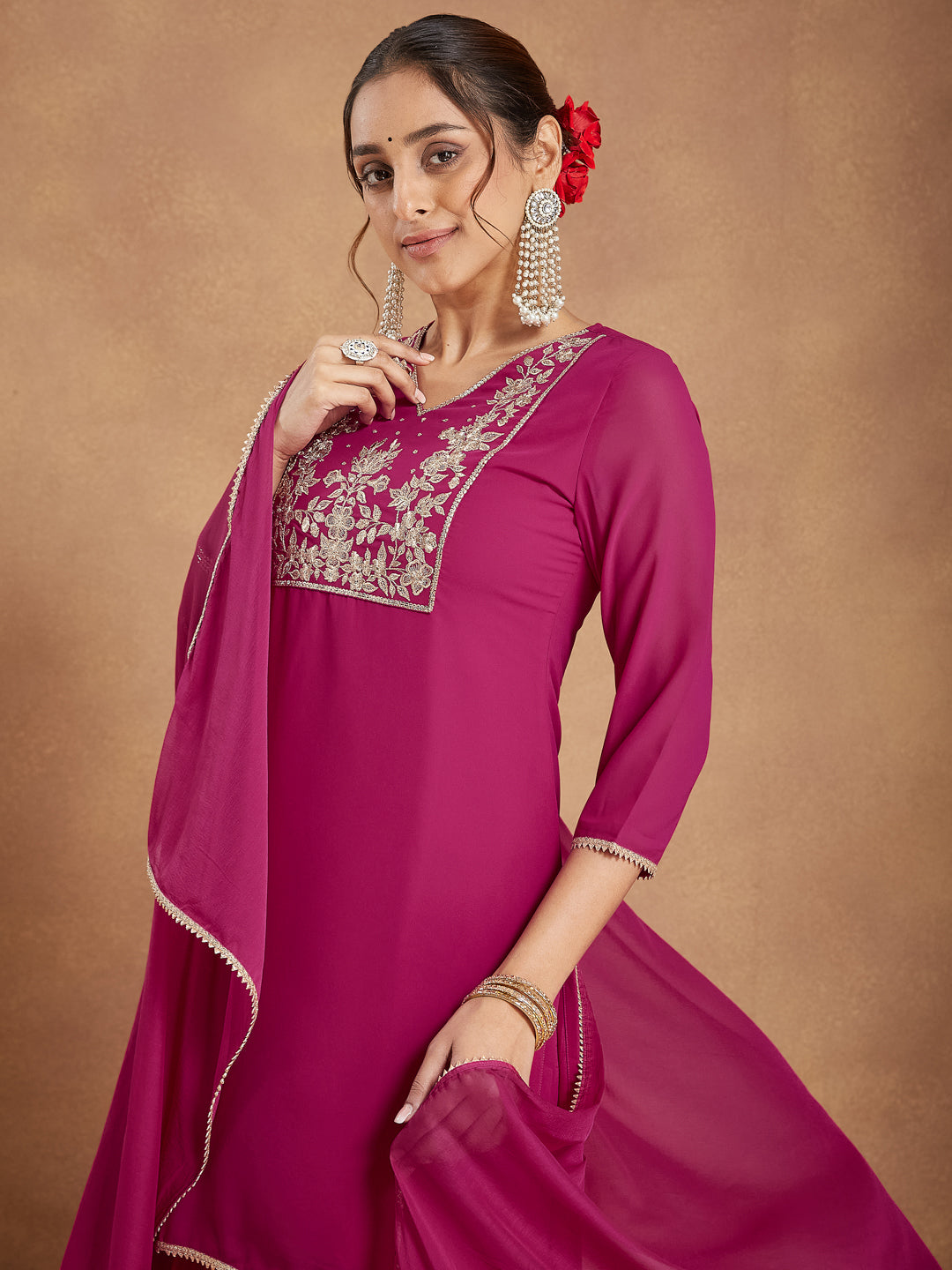 Janasya Women's Pink Georgette Embroidered Straight Kurta With Sharara & Dupatta Set - qivii