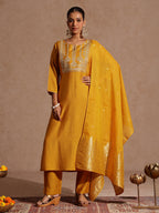 Janasya Women's Mustard Silk Blend Zari Yoke Embroidered Straight Kurta Set