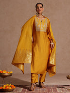 Janasya Women's Mustard Silk Blend Zari Yoke Embroidered Straight Kurta Set