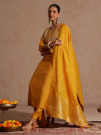 Janasya Women's Mustard Silk Blend Zari Yoke Embroidered Straight Kurta Set