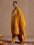 Janasya Women's Mustard Silk Blend Zari Yoke Embroidered Straight Kurta Set