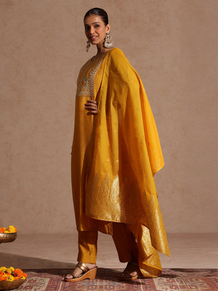 Janasya Women's Mustard Silk Blend Zari Yoke Embroidered Straight Kurta Set - qivii