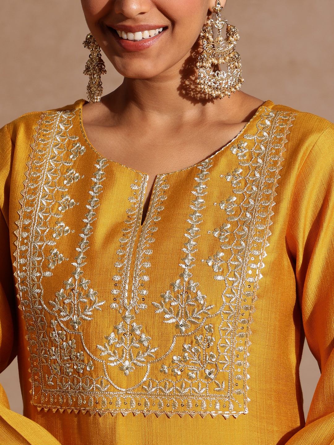 Janasya Women's Mustard Silk Blend Zari Yoke Embroidered Straight Kurta Set