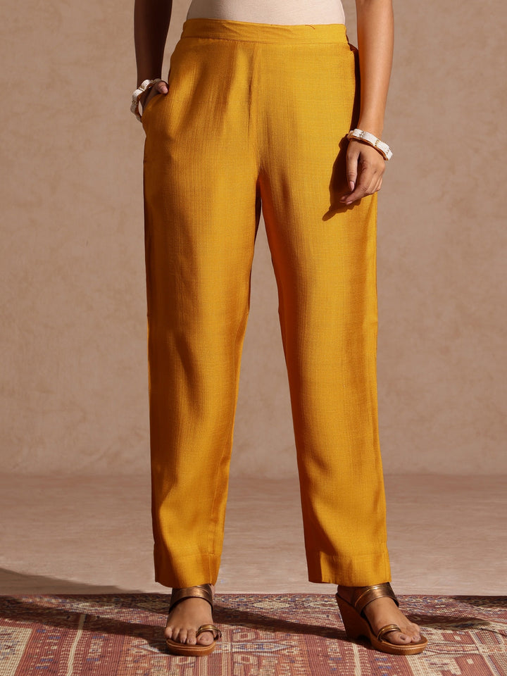 Janasya Women's Mustard Silk Blend Zari Yoke Embroidered Straight Kurta Set - qivii