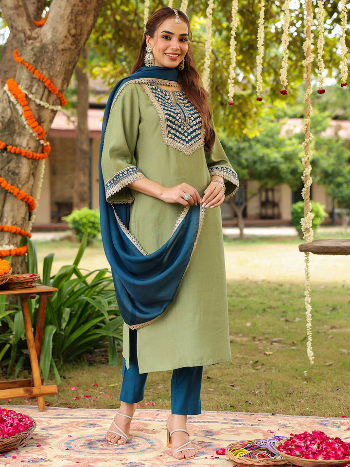 Janasya Women's Sage Green Silk Blend Zari Embroidered Straight Kurta Set - qivii