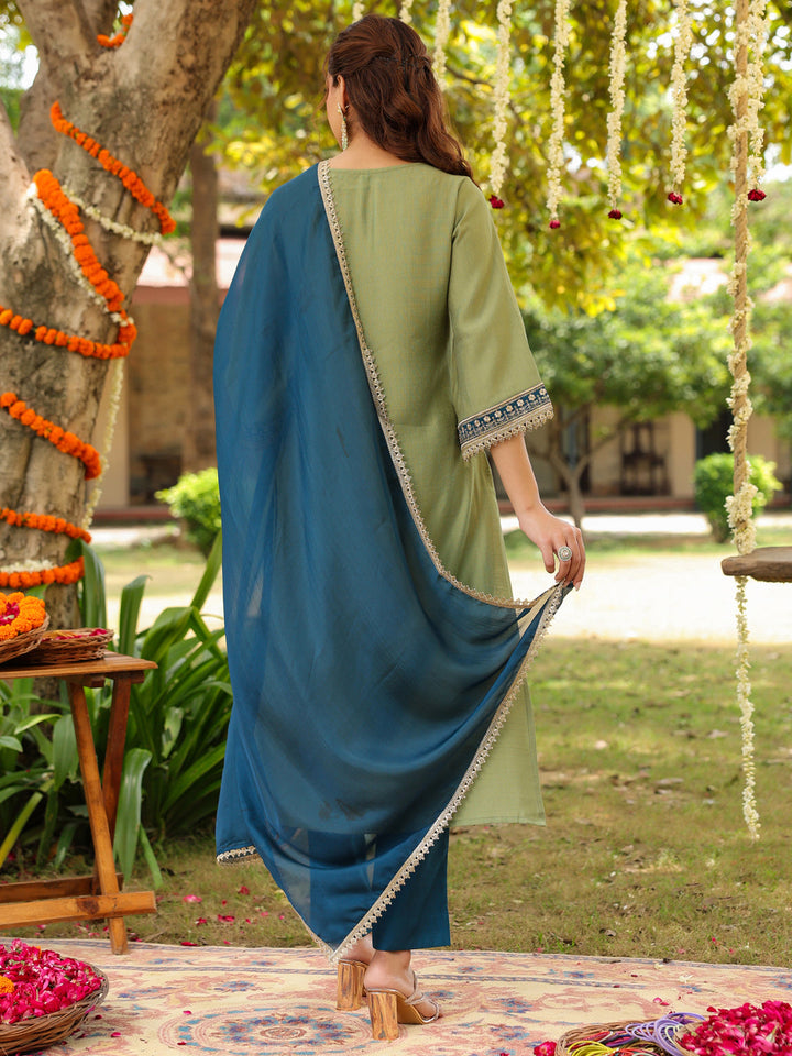 Janasya Women's Sage Green Silk Blend Zari Embroidered Straight Kurta Set - qivii