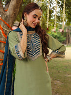 Janasya Women's Sage Green Silk Blend Zari Embroidered Straight Kurta Set