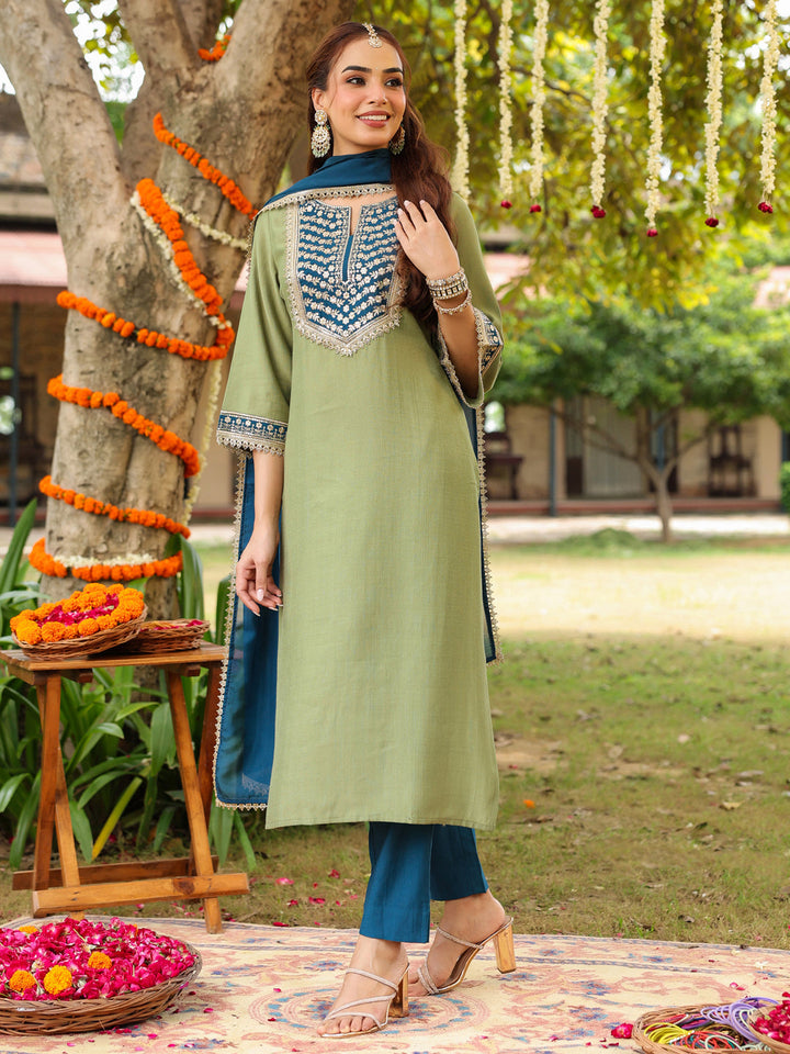 Janasya Women's Sage Green Silk Blend Zari Embroidered Straight Kurta Set - qivii