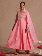Janasya Women's Light Pink Chanderi Silk Zari Yoke Embroidered Anarkali Kurta Set