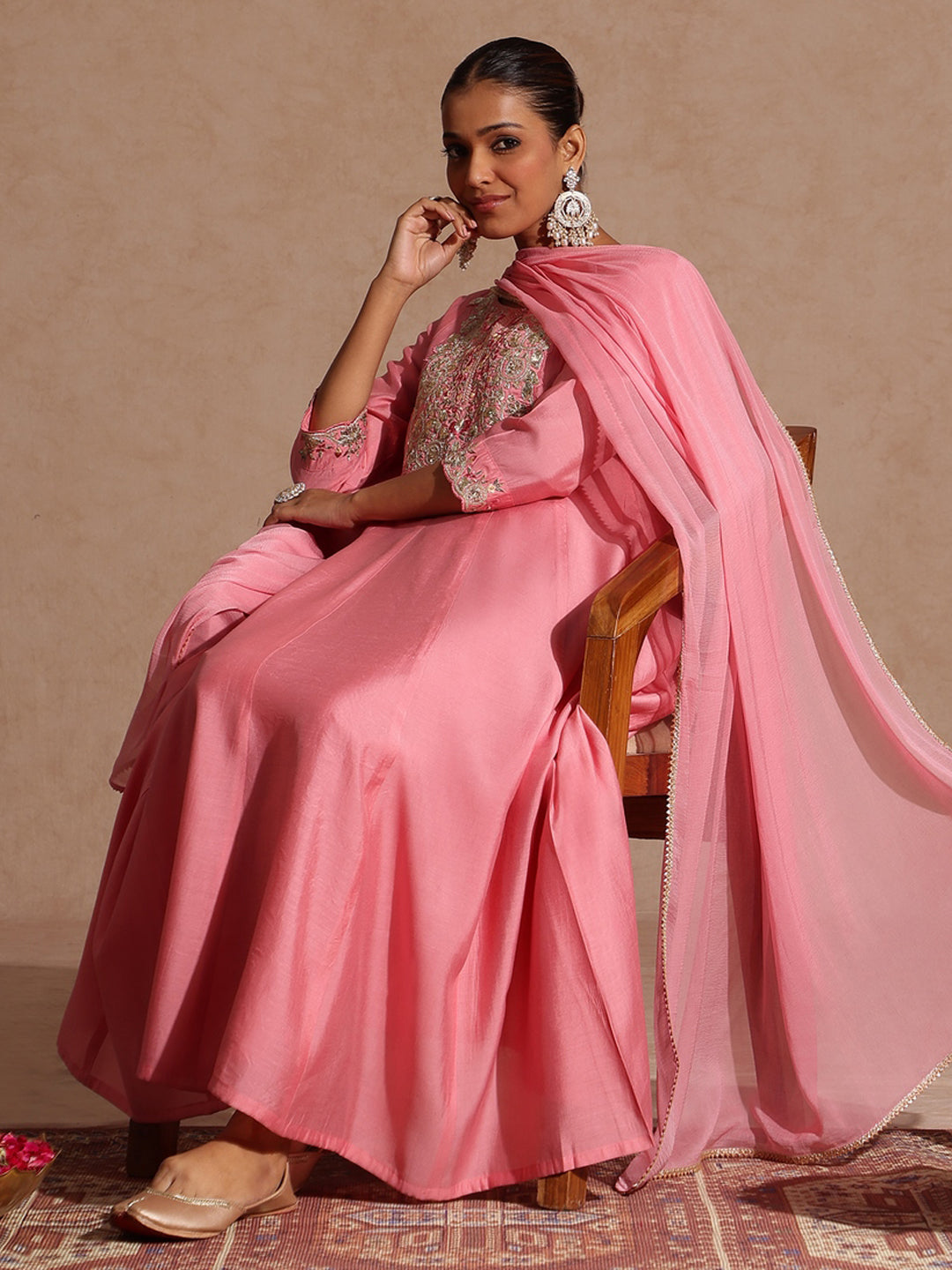 Janasya Women's Light Pink Chanderi Silk Zari Yoke Embroidered Anarkali Kurta Set - qivii