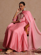 Janasya Women's Light Pink Chanderi Silk Zari Yoke Embroidered Anarkali Kurta Set