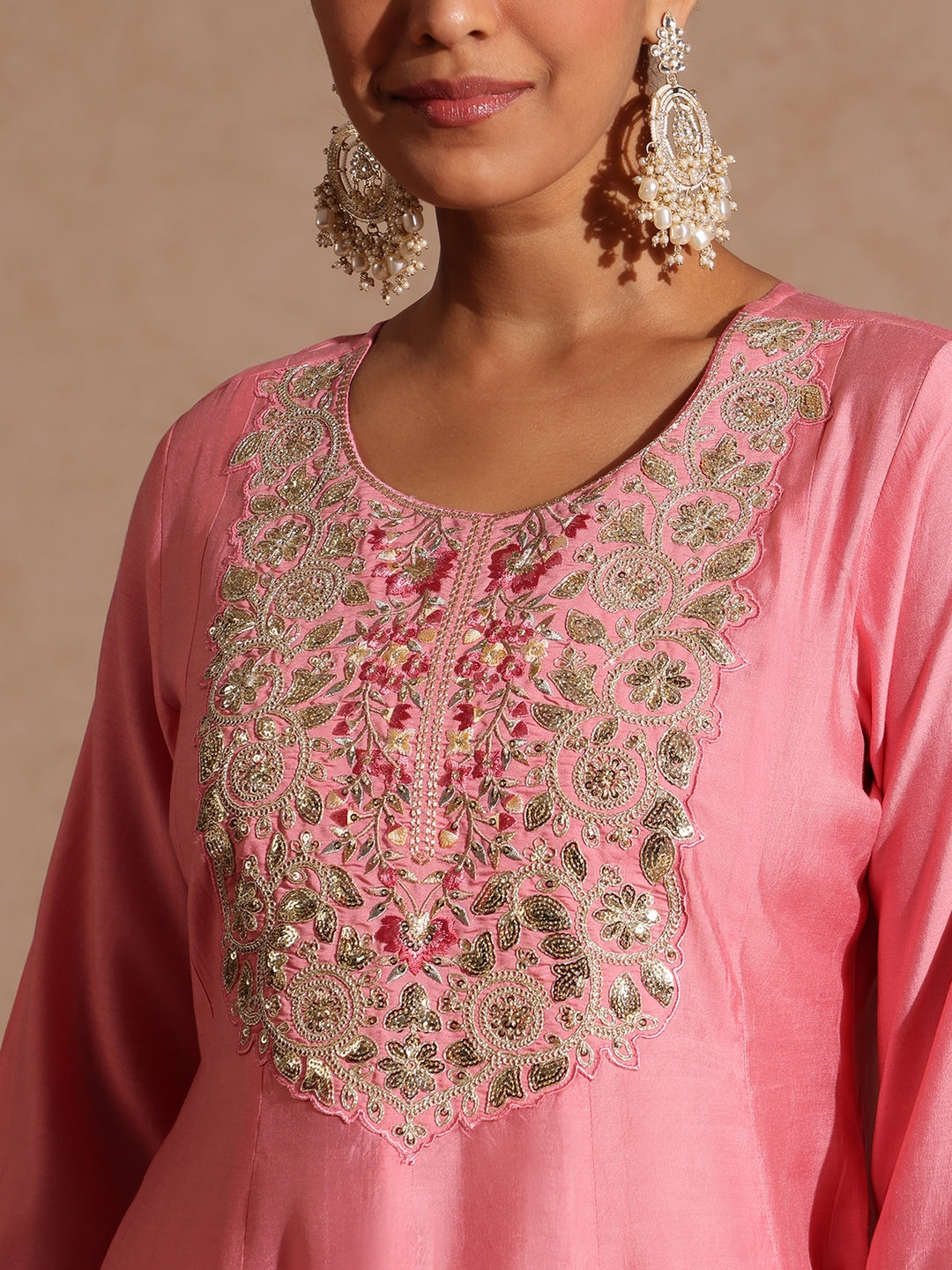 Janasya Women's Light Pink Chanderi Silk Zari Yoke Embroidered Anarkali Kurta Set