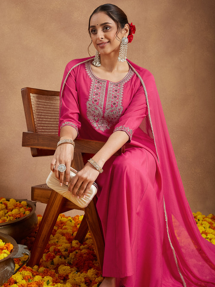Janasya Women's Pink Chanderi Silk Yoke Embroidered Anarkali Kurta Set - qivii