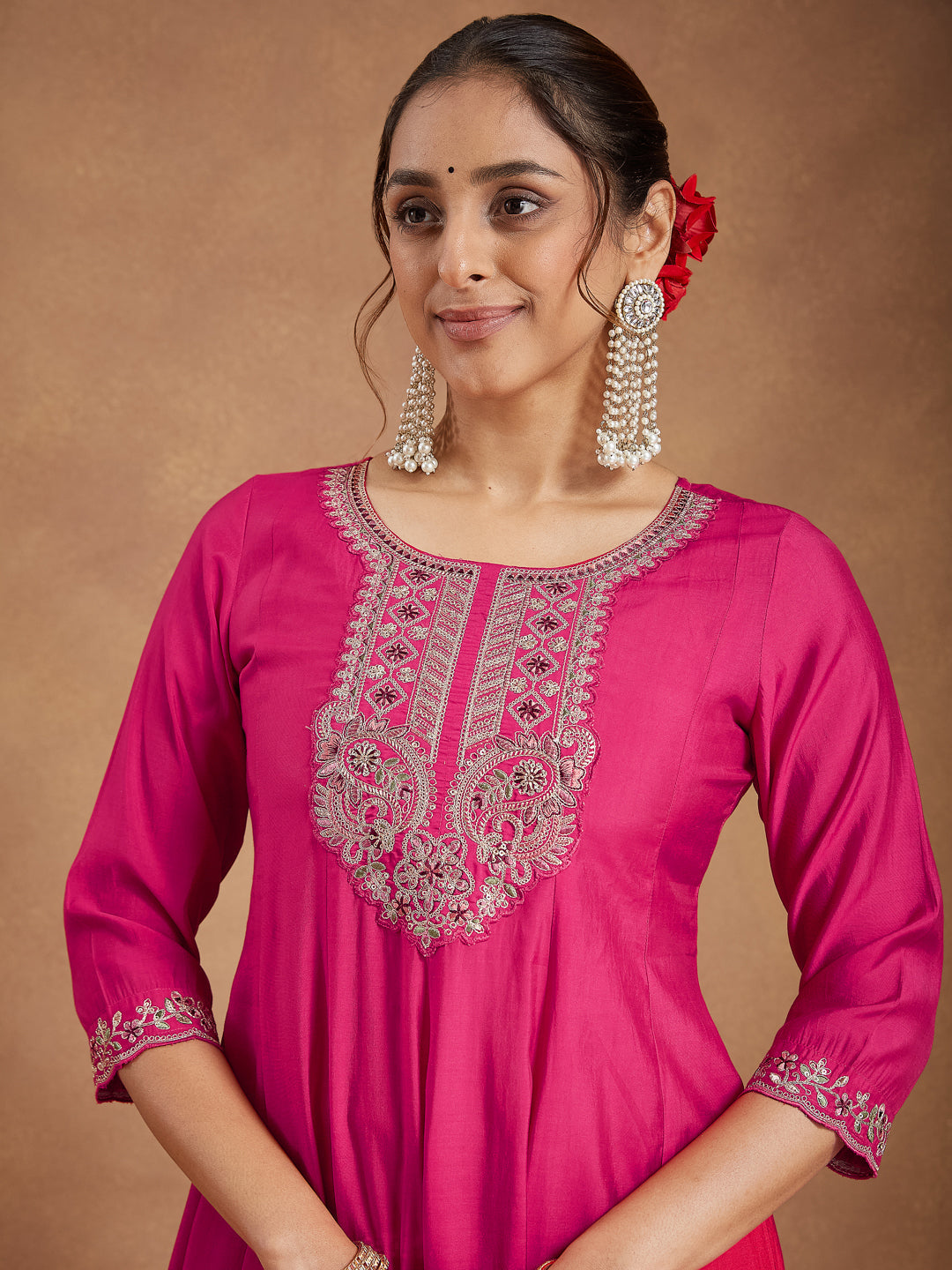 Janasya Women's Pink Chanderi Silk Yoke Embroidered Anarkali Kurta Set