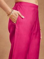 Janasya Women's Pink Chanderi Silk Yoke Embroidered Anarkali Kurta Set