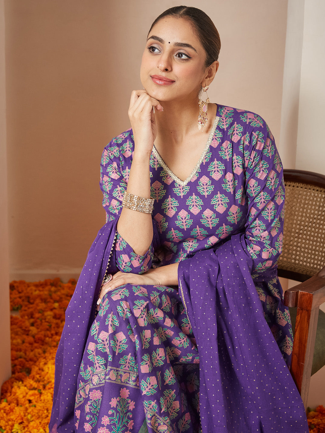 Janasya Women's Purple Rayon Ethnic Motifs Gold Printed Anarkali Kurta Set - qivii