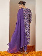 Janasya Women's Purple Rayon Ethnic Motifs Gold Printed Anarkali Kurta Set
