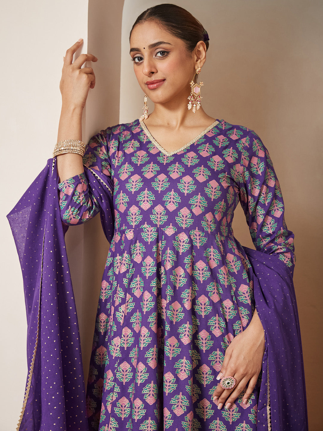 Janasya Women's Purple Rayon Ethnic Motifs Gold Printed Anarkali Kurta Set