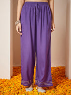 Janasya Women's Purple Rayon Ethnic Motifs Gold Printed Anarkali Kurta Set