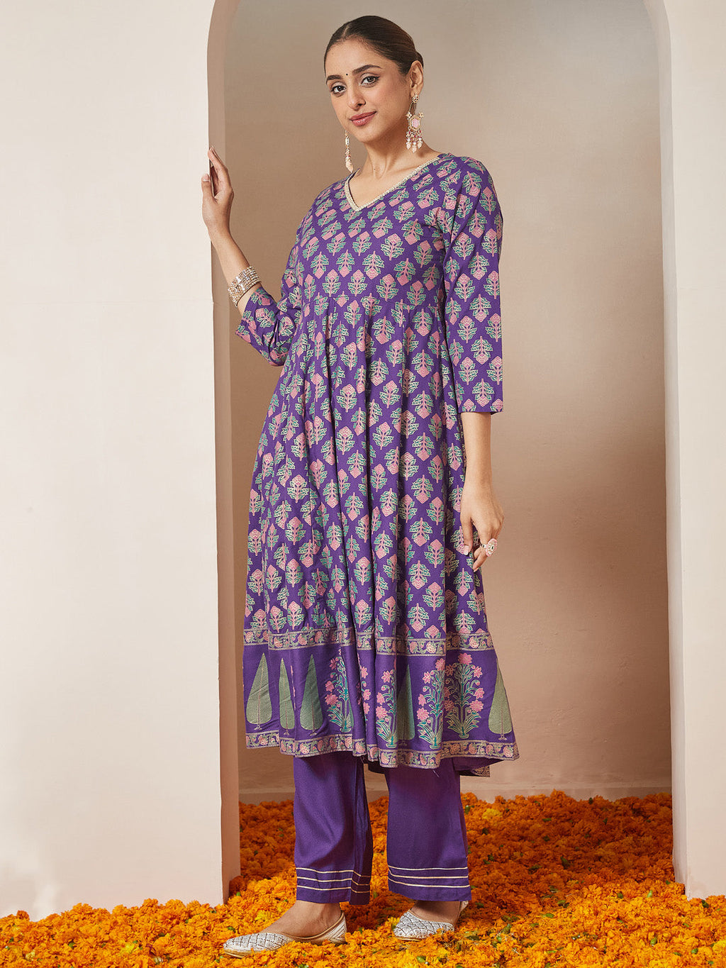 Janasya Women's Purple Rayon Ethnic Motifs Gold Printed Anarkali Kurta Set