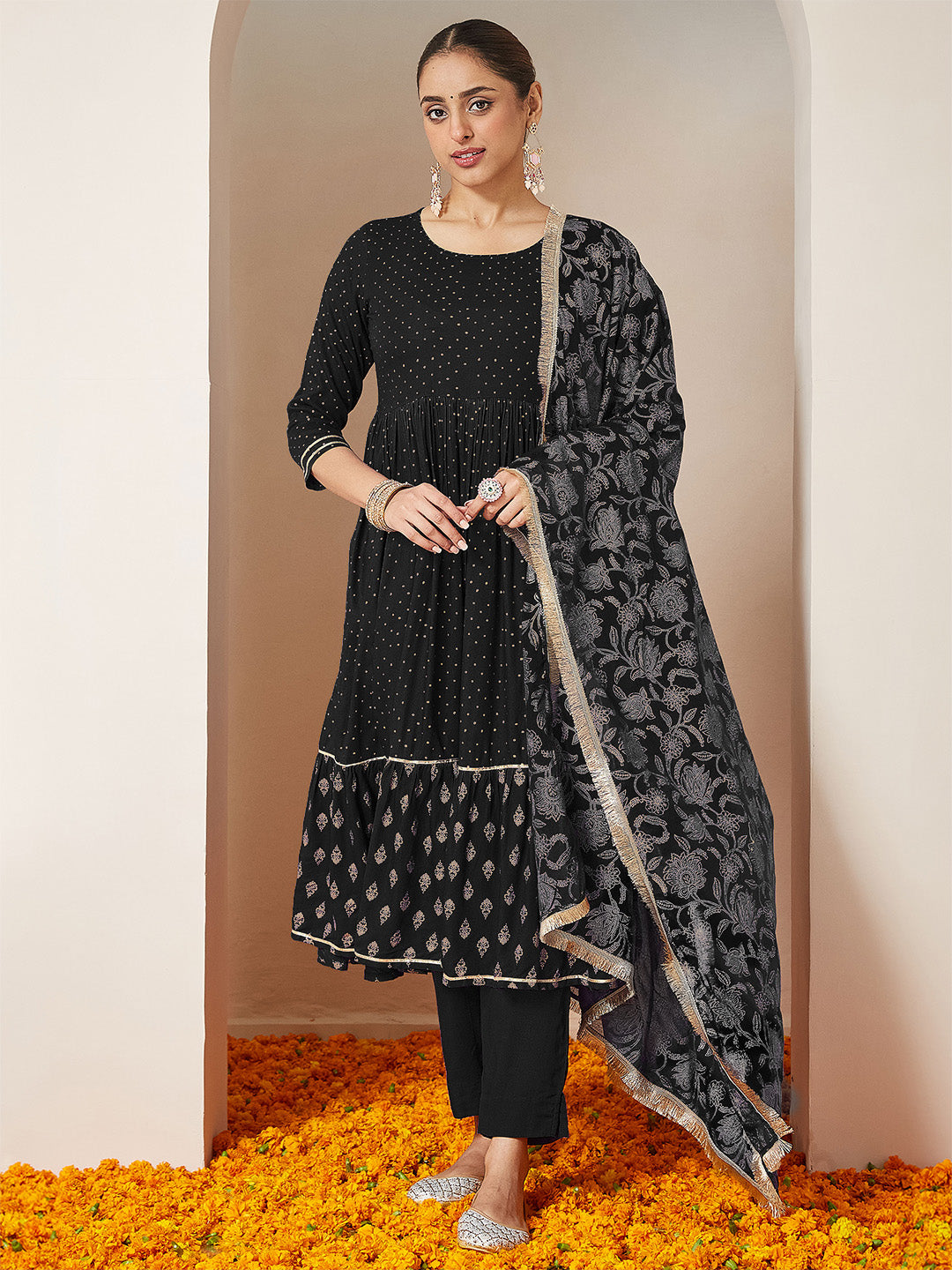 Janasya Women's Black Rayon Gold Printed Anarkali Kurta Set