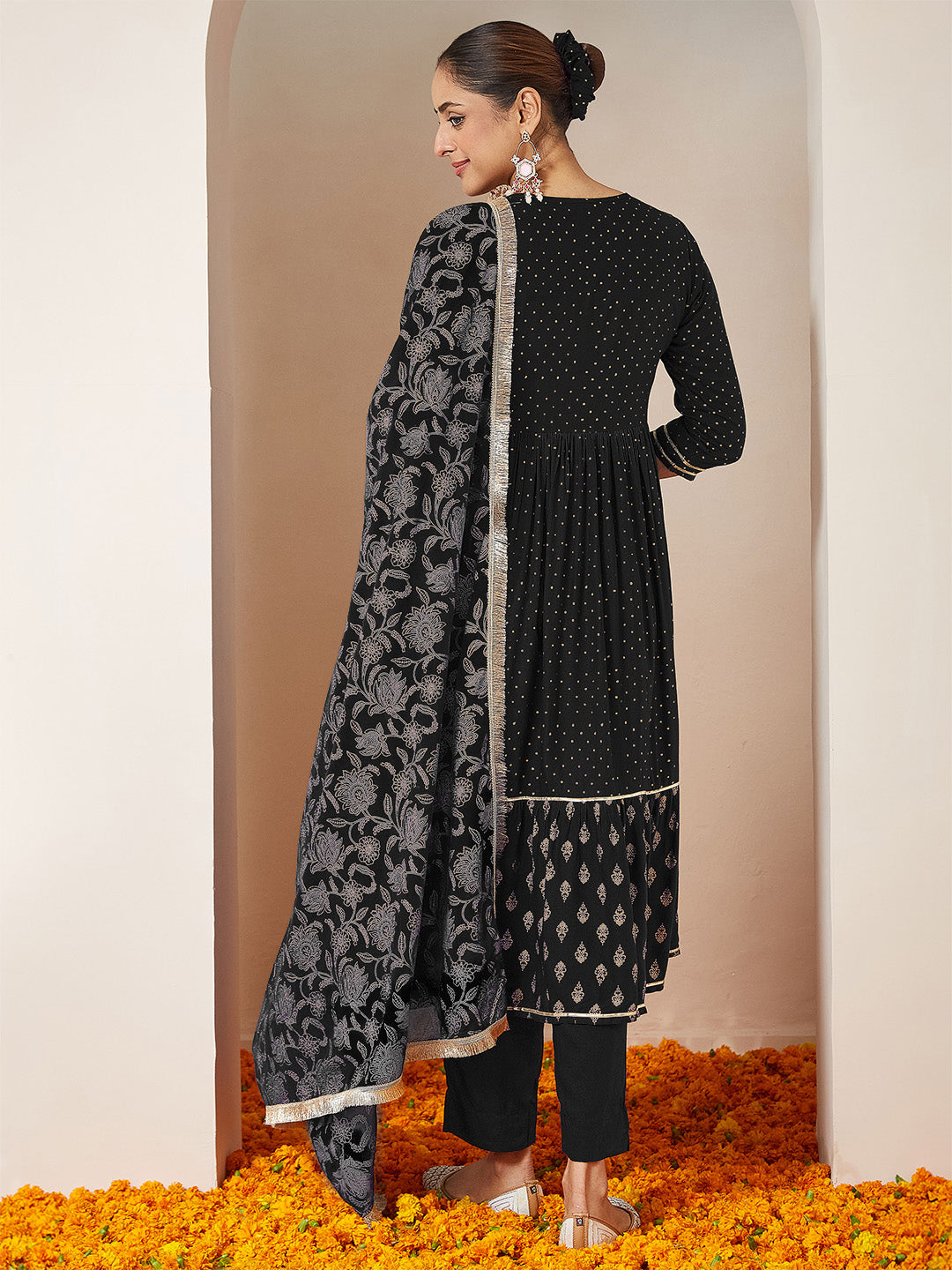 Janasya Women's Black Rayon Gold Printed Anarkali Kurta Set