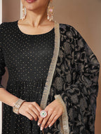 Janasya Women's Black Rayon Gold Printed Anarkali Kurta Set