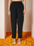 Janasya Women's Black Rayon Gold Printed Anarkali Kurta Set