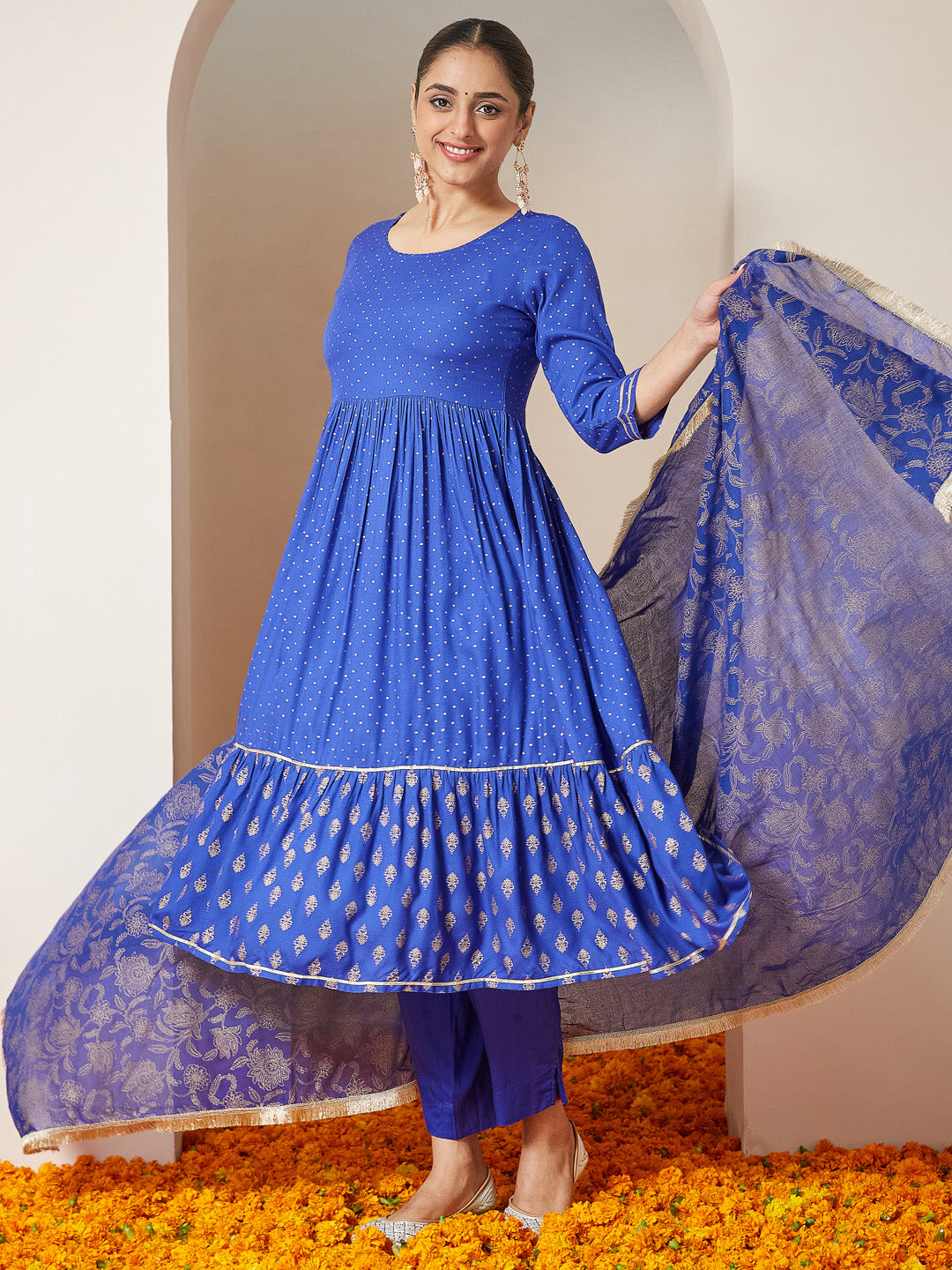 Janasya Women's Blue Pure Cotton Foil Printed A-line Kurta Set - qivii