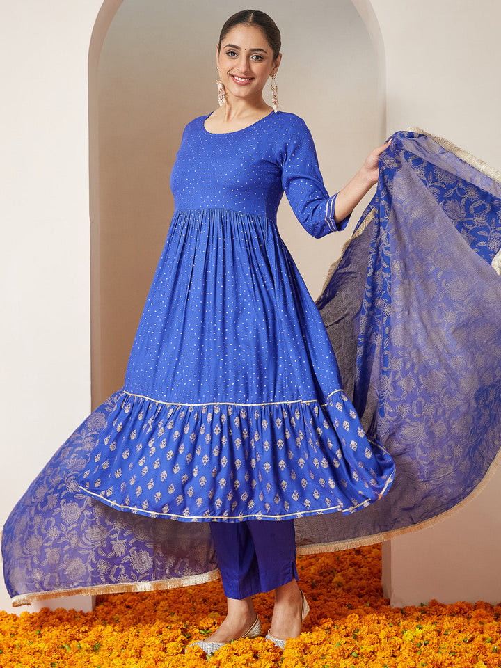 Janasya Women's Blue Pure Cotton Foil Printed A-line Kurta Set - qivii