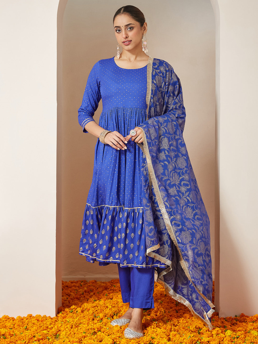 Janasya Women's Blue Pure Cotton Foil Printed A-line Kurta Set