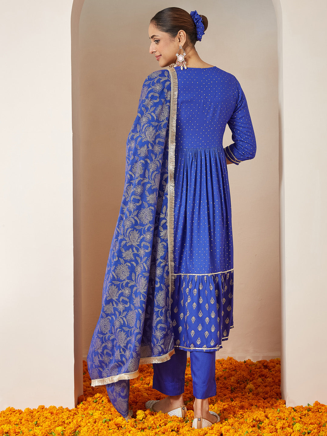 Janasya Women's Blue Pure Cotton Foil Printed A-line Kurta Set - qivii