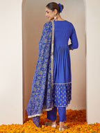 Janasya Women's Blue Pure Cotton Foil Printed A-line Kurta Set