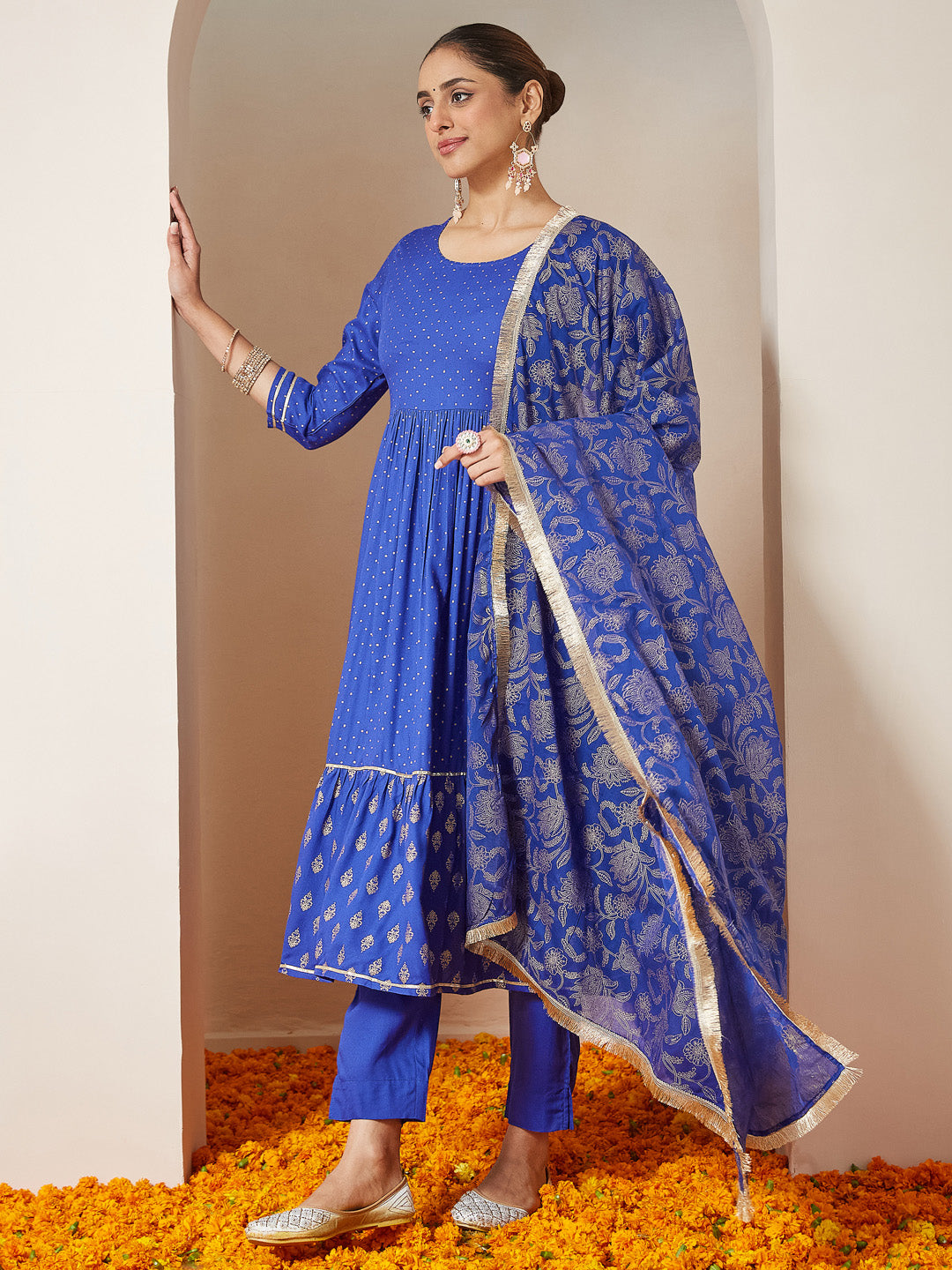 Janasya Women's Blue Pure Cotton Foil Printed A-line Kurta Set