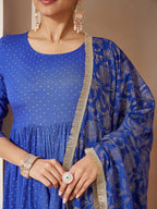 Janasya Women's Blue Pure Cotton Foil Printed A-line Kurta Set