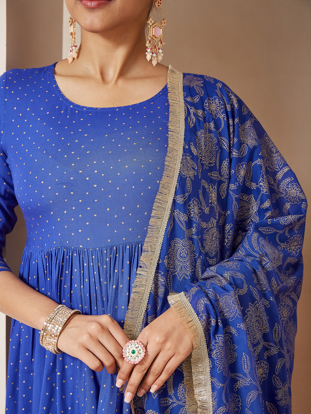 Janasya Women's Blue Pure Cotton Foil Printed A-line Kurta Set