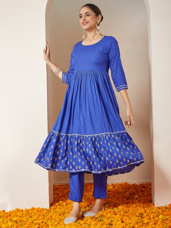 Janasya Women's Blue Pure Cotton Foil Printed A-line Kurta Set - qivii