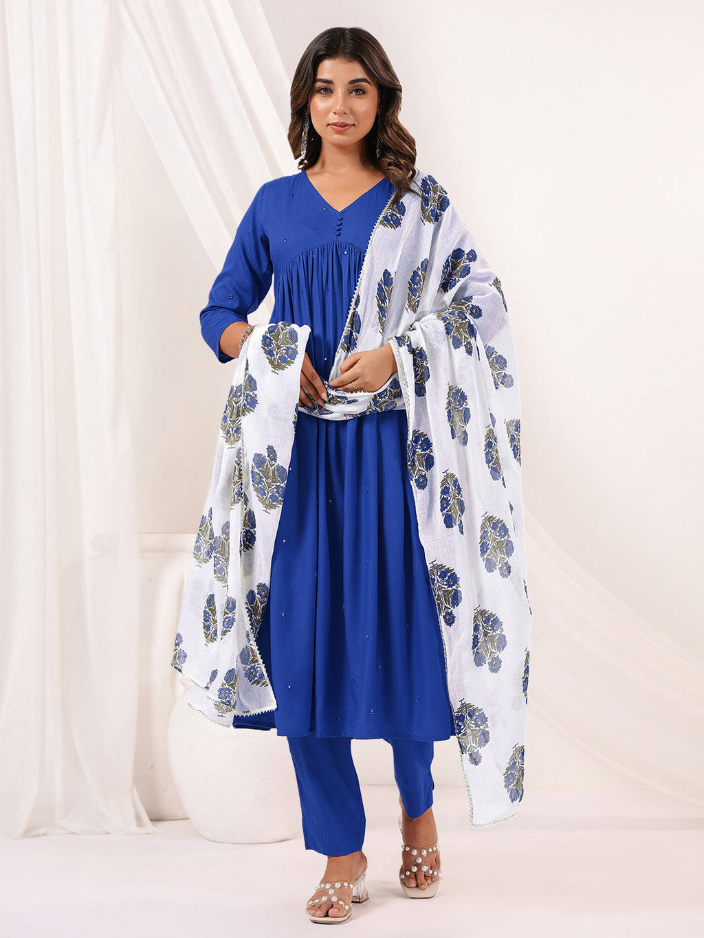 Janasya Women's Blue Rayon Embellished Mirror Work A-line Kurta Set