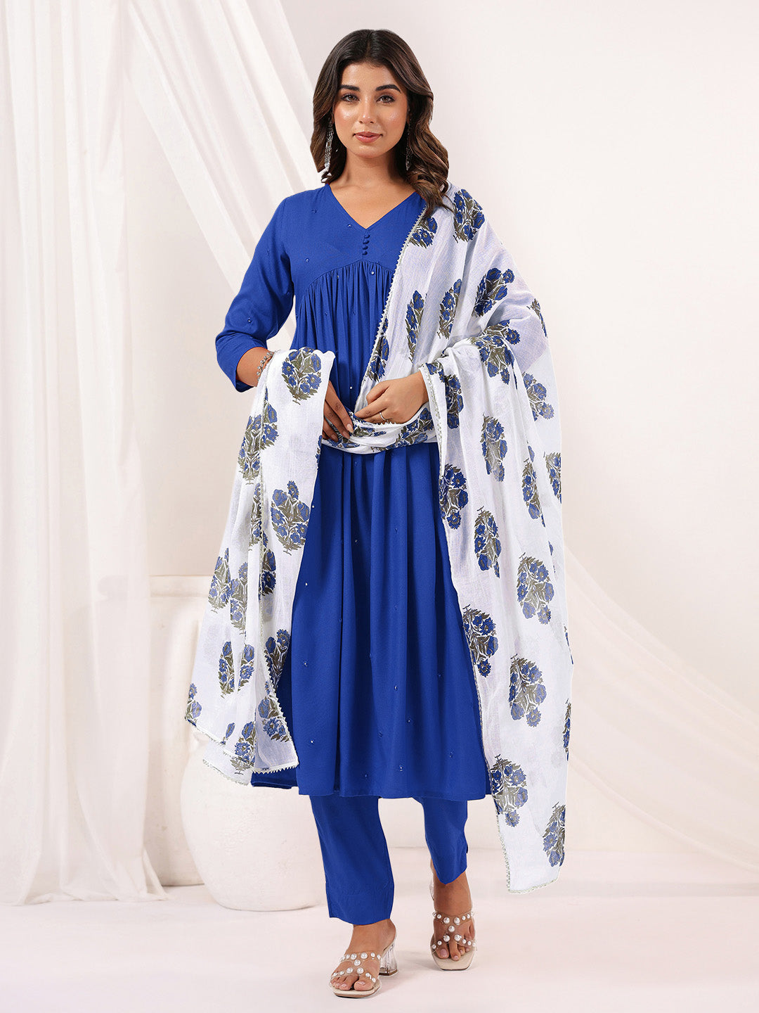 Janasya Women's Blue Rayon Embellished Mirror Work A-line Kurta Set - qivii