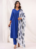 Janasya Women's Blue Rayon Embellished Mirror Work A-line Kurta Set