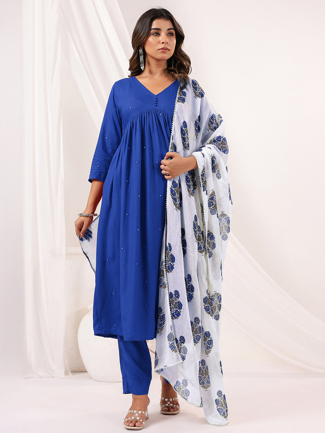 Janasya Women's Blue Rayon Embellished Mirror Work A-line Kurta Set