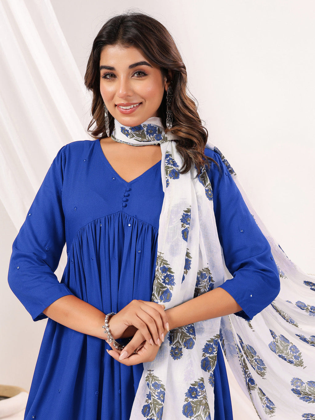 Janasya Women's Blue Rayon Embellished Mirror Work A-line Kurta Set