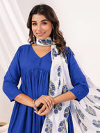 Janasya Women's Blue Rayon Embellished Mirror Work A-line Kurta Set