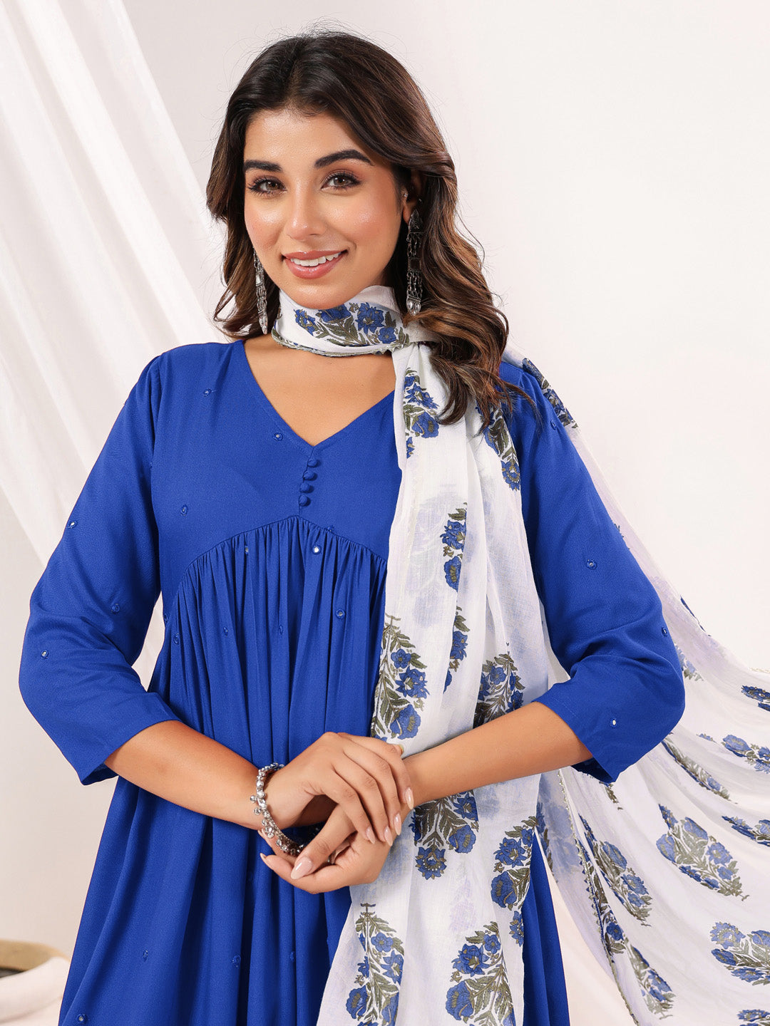Janasya Women's Blue Rayon Embellished Mirror Work A-line Kurta Set